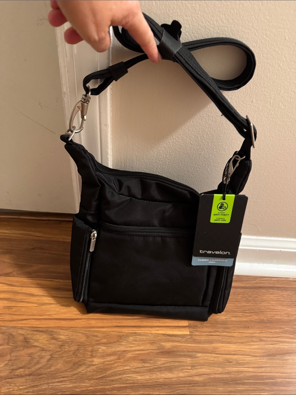 Travelon Black Anti-Theft Crossbody Messenger Bag with Silver Hardware